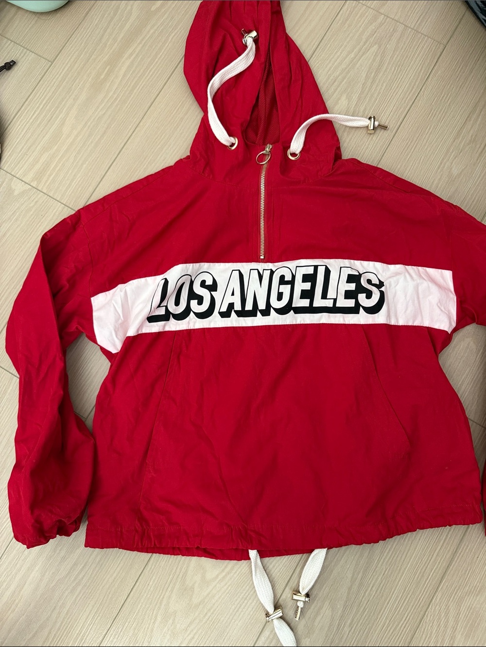 Forever 21 Red and White 'Los Angeles' Pullover Windbreaker Hoodie